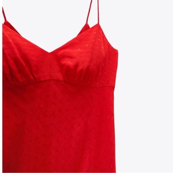 ZARA NEW JACQUARD DOTTED SLIP DRESS RUFFLE TRIM RED SIDE SLIT XL - Picture 6 of 12